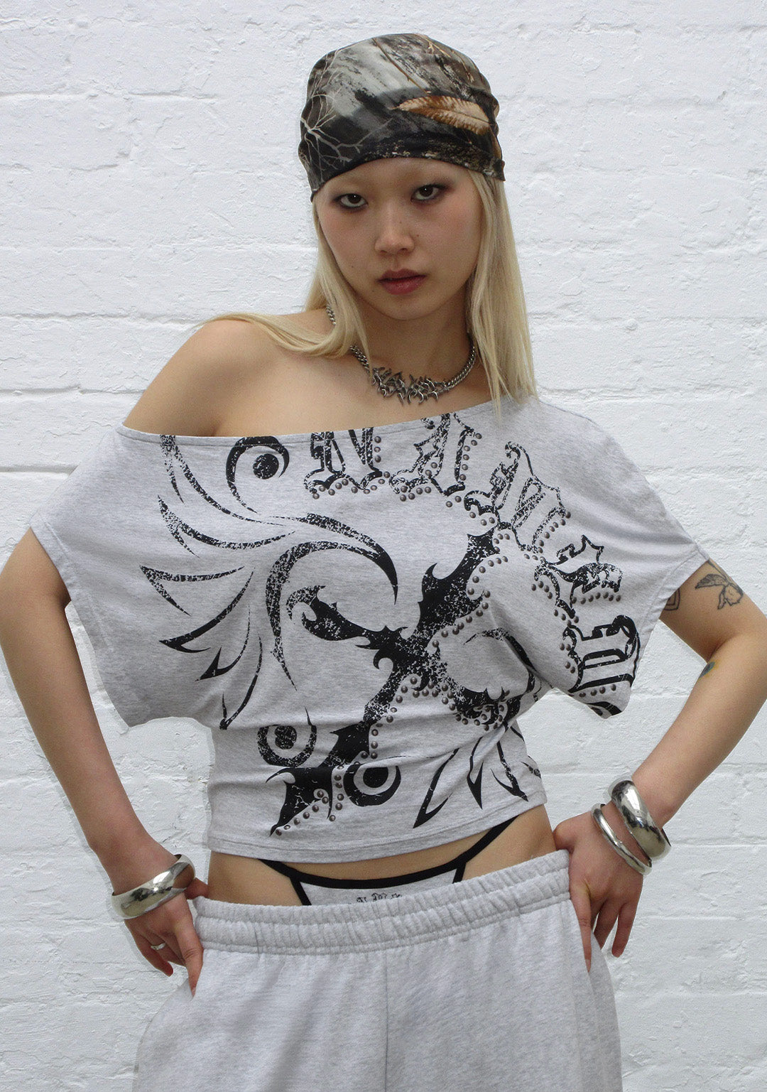 OUTLAW OFF THE SHOULDER TOP GREY MARL