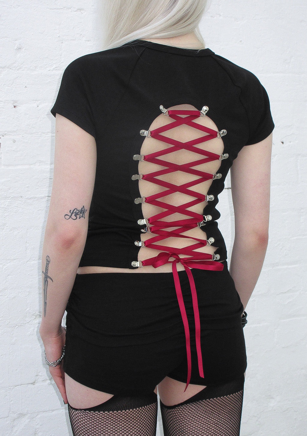 REBEL LACE UP BABY TEE BLACK AND RED