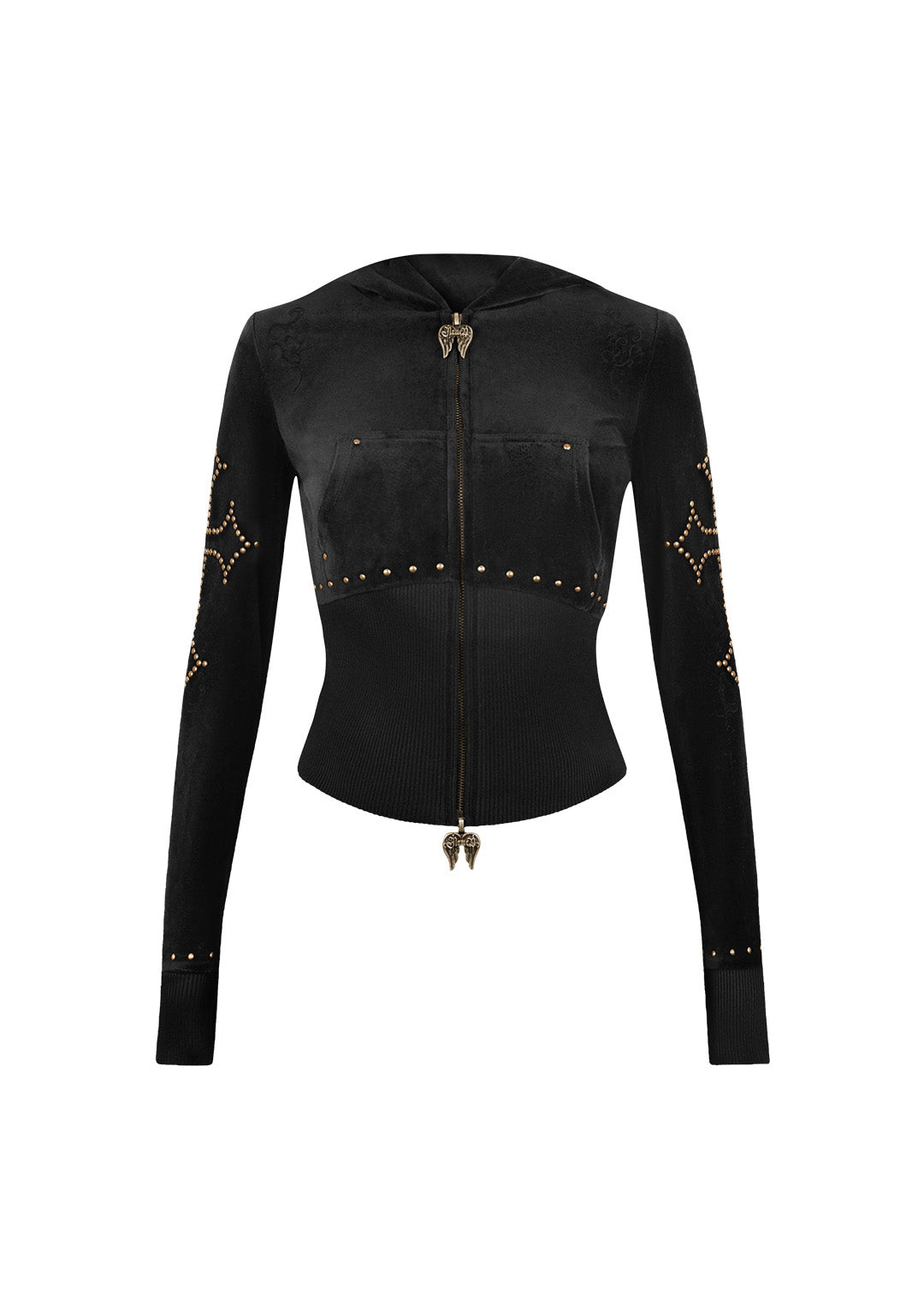 REBEL STUDDED VELOUR ZIP HOODIE BLACK