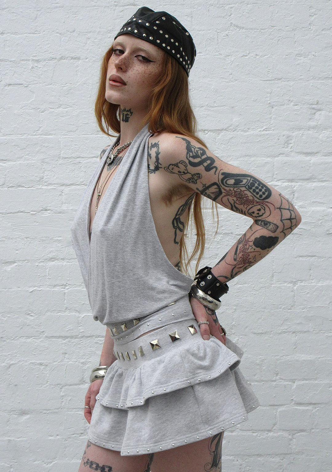 SLEAZE STUDDED DRAPED TOP GREY MARL