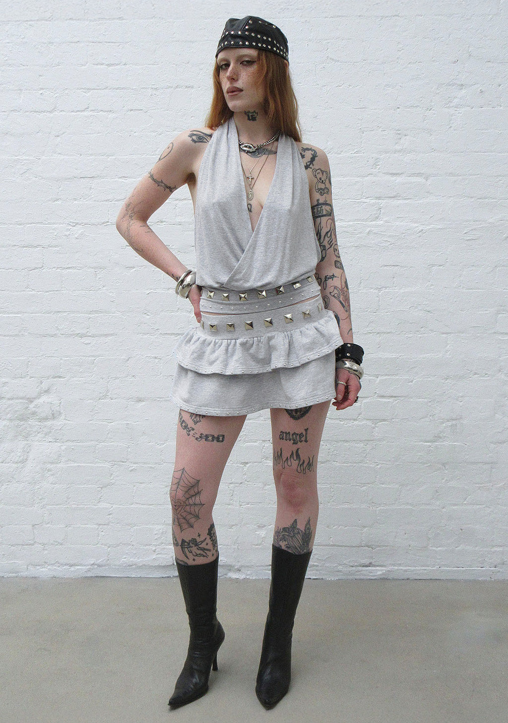 SLEAZE STUDDED DRAPED TOP GREY MARL
