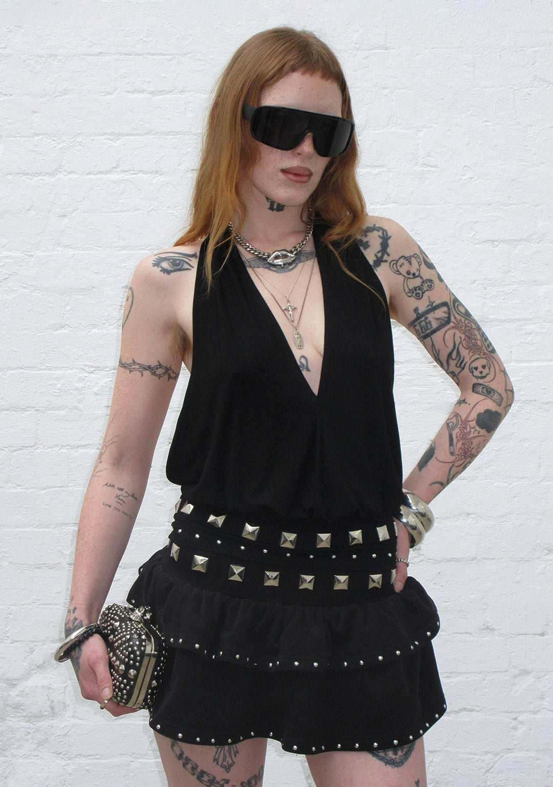 SLEAZE STUDDED RUFFLE MICRO SKIRT BLACK