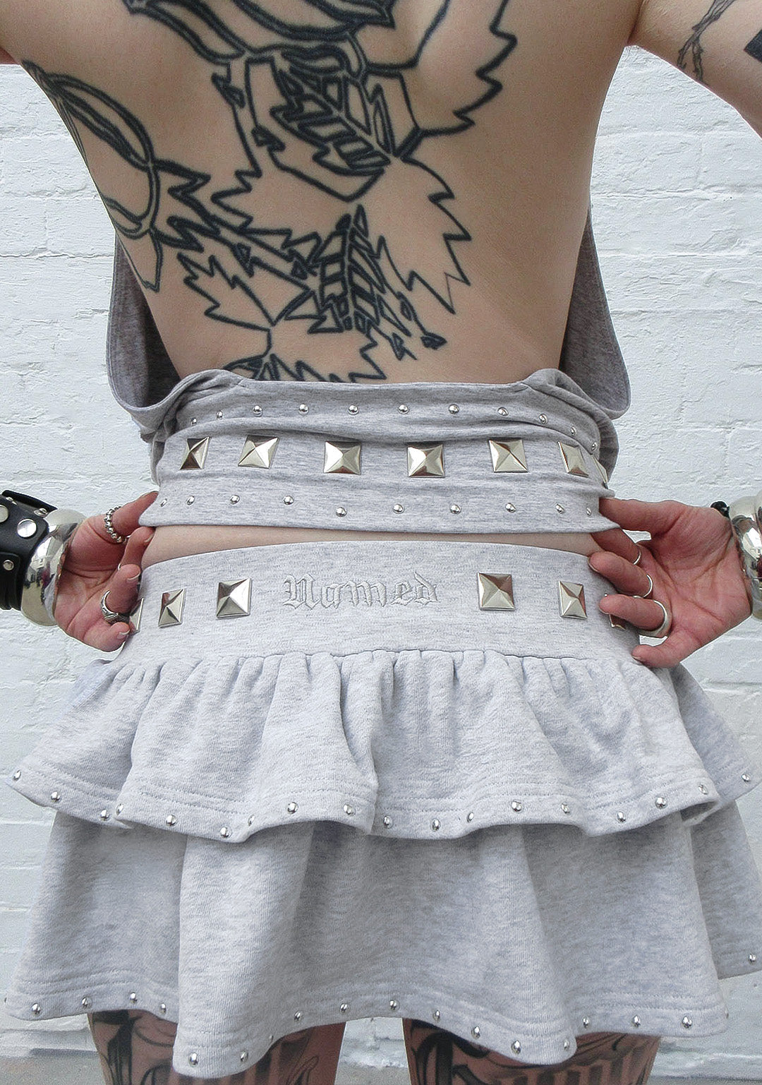 SLEAZE STUDDED RUFFLE MICRO SKIRT GREY MARL