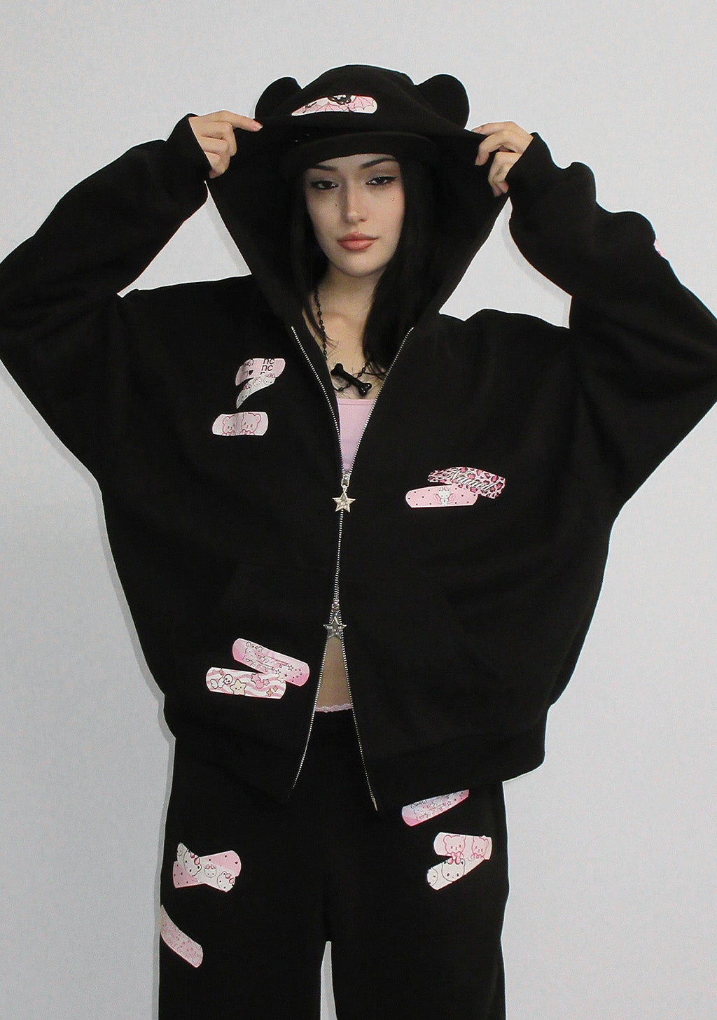 STITCH TEDDY ZIP HOODIE BLACK