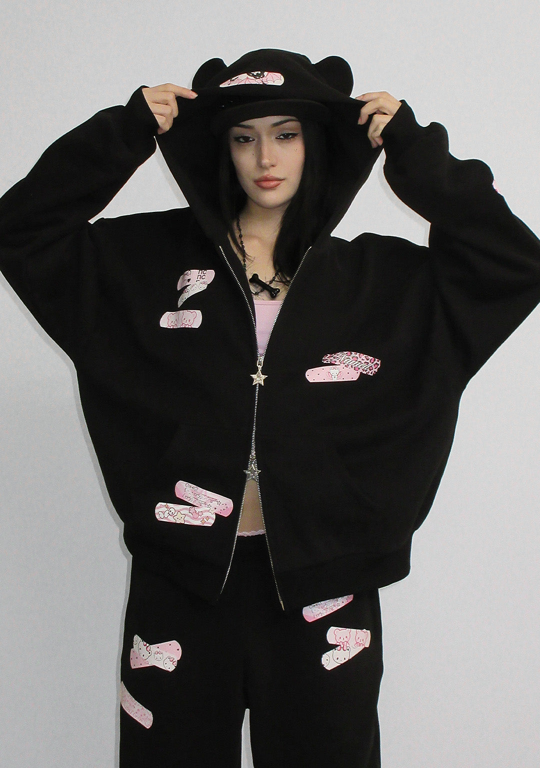 STITCH TEDDY ZIP HOODIE BLACK