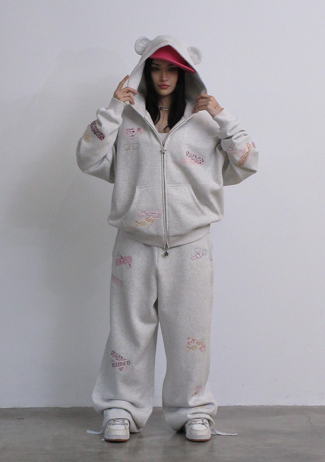 STITCH TEDDY ZIP HOODIE WHITE MARL