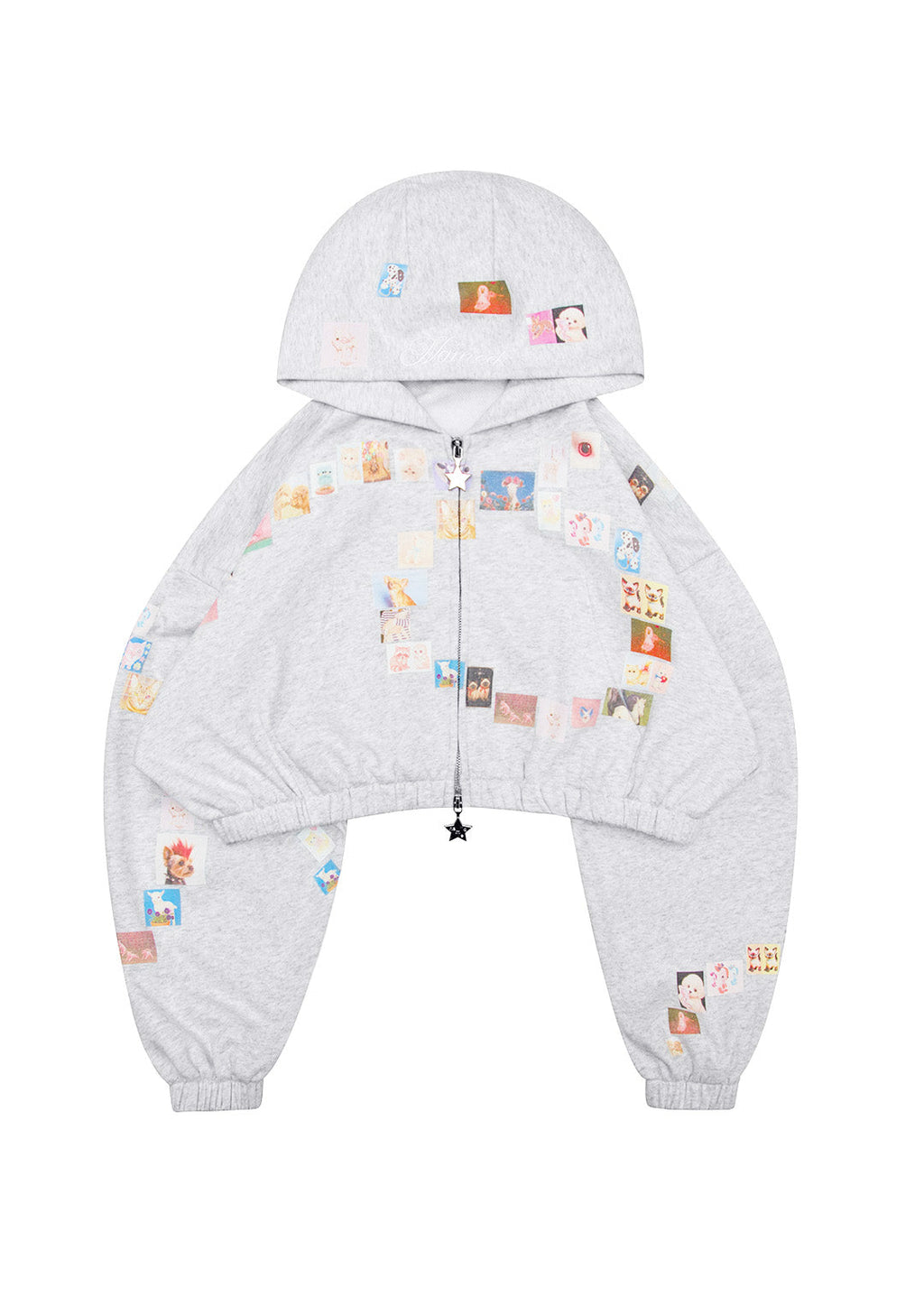 TRINKET MOTIF CROP ZIP HOODIE GREY MARL