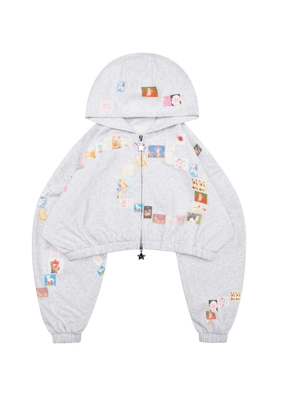 TRINKET MOTIF CROP ZIP HOODIE GREY MARL