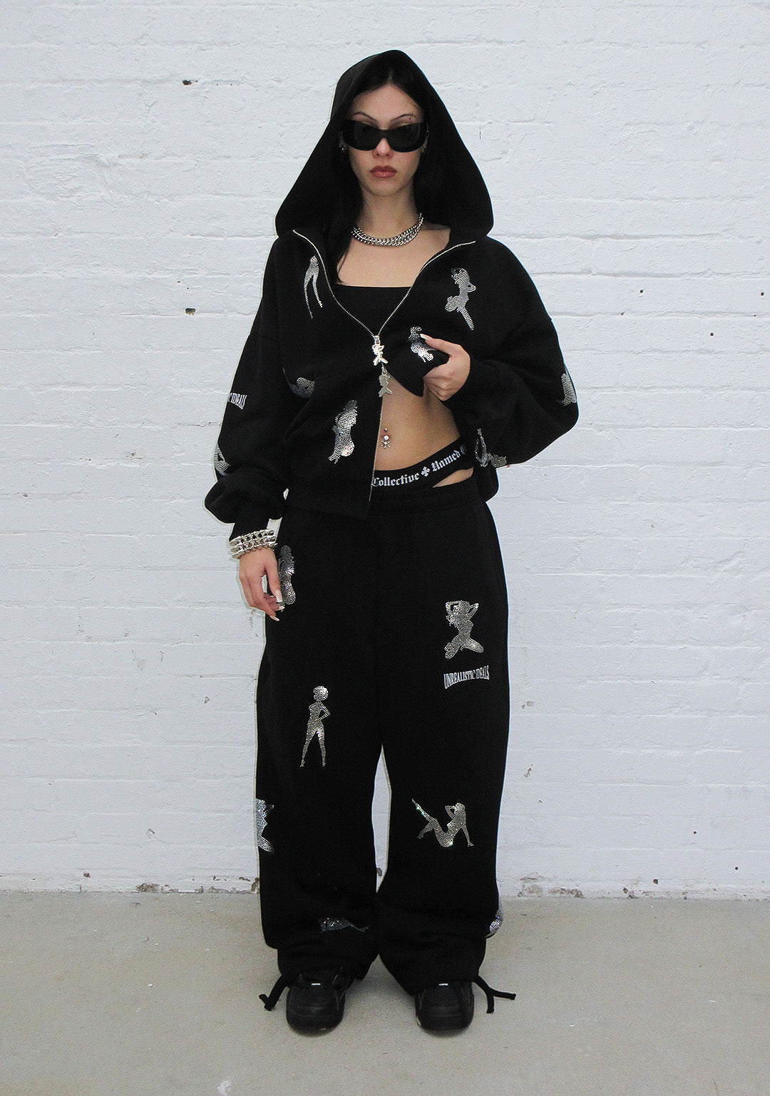 UNREALISTIC IDEALS RHINESTONE ZIP HOODIE BLACK