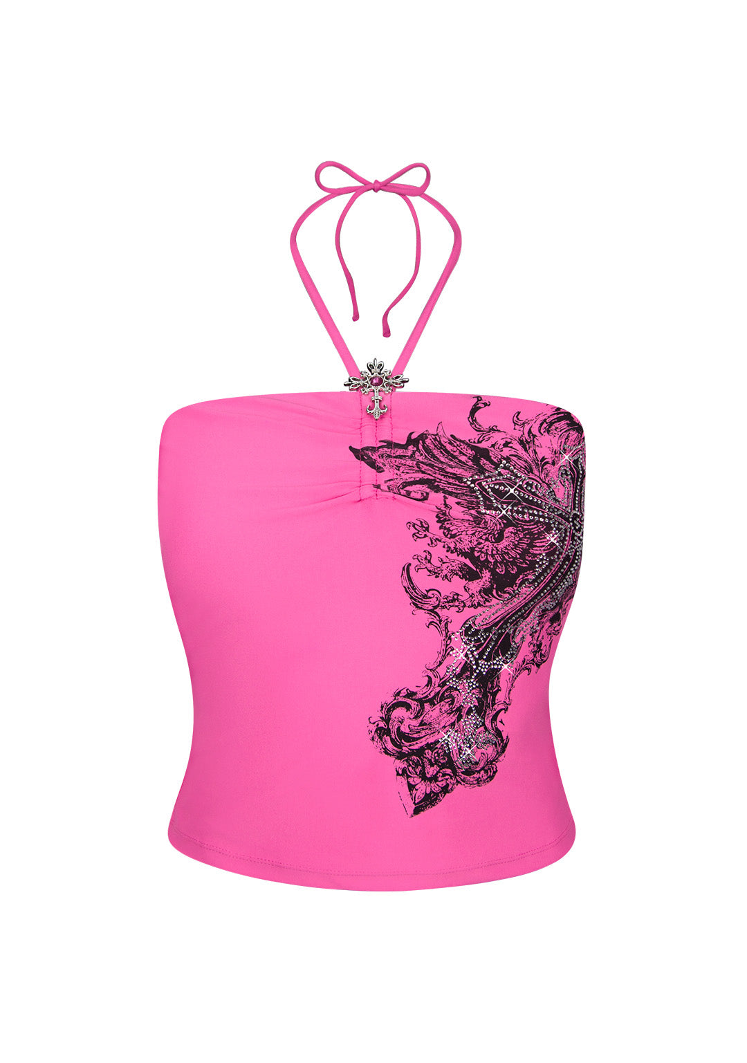 VICE RHINESTONE HALTERNECK TANKINI TOP HOT PINK