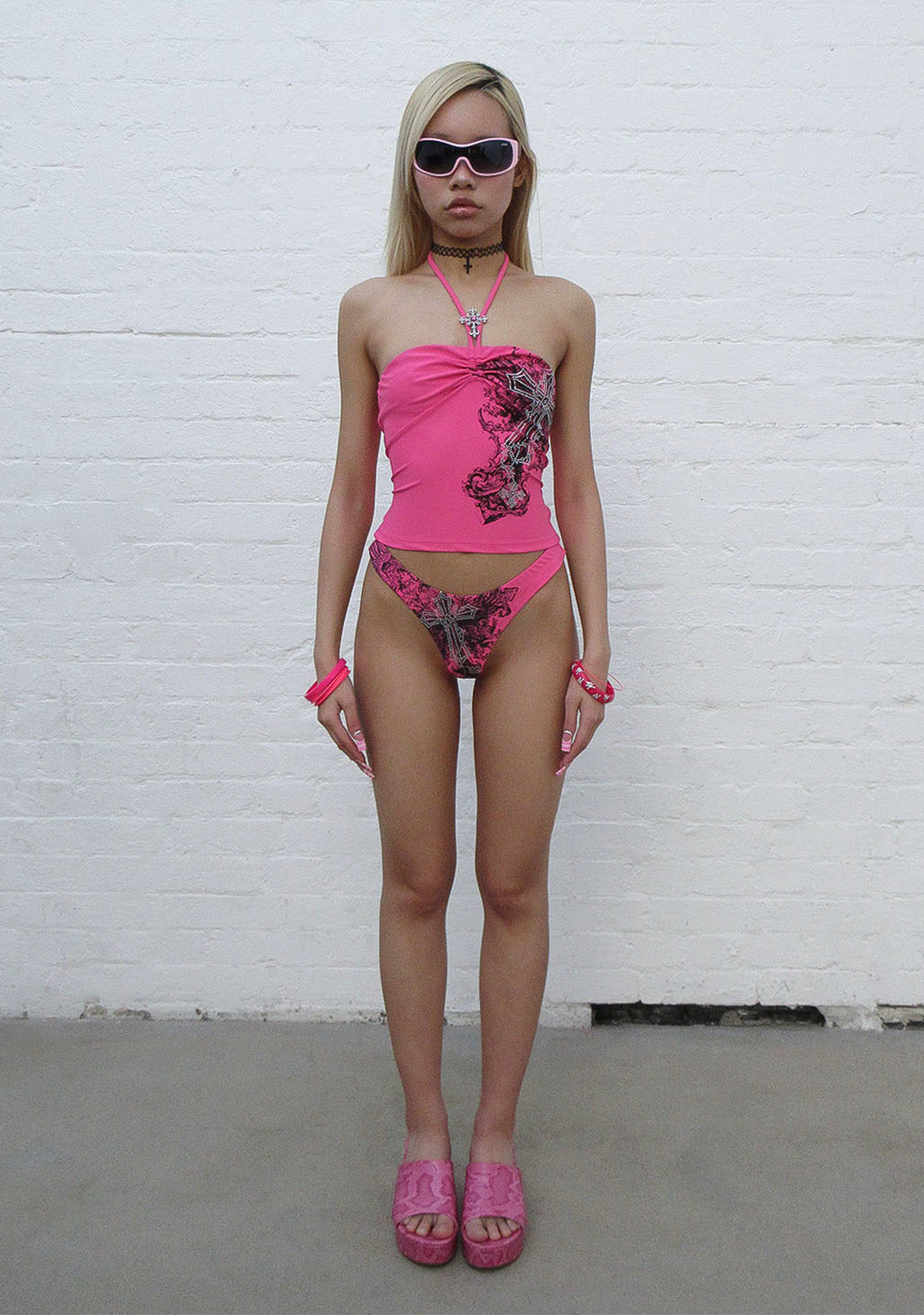 VICE RHINESTONE HALTERNECK TANKINI TOP HOT PINK